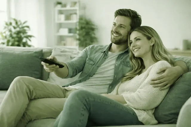 Une famille regarde BugsTV sur le téléviseur du salon