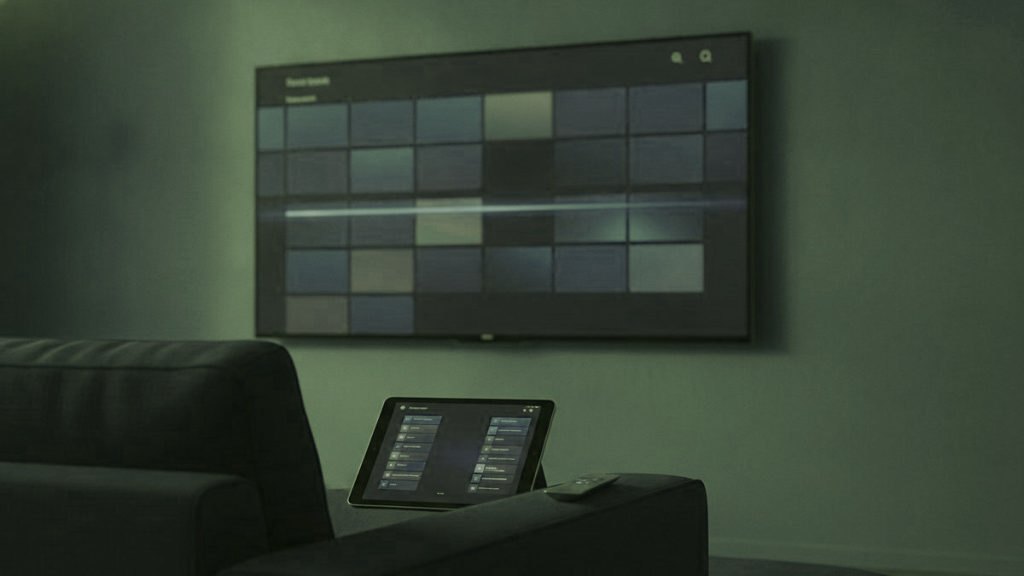 Téléviseur affichant une grille de programmes, avec une tablette et un téléphone montrant des listes de chaînes sur un canapé