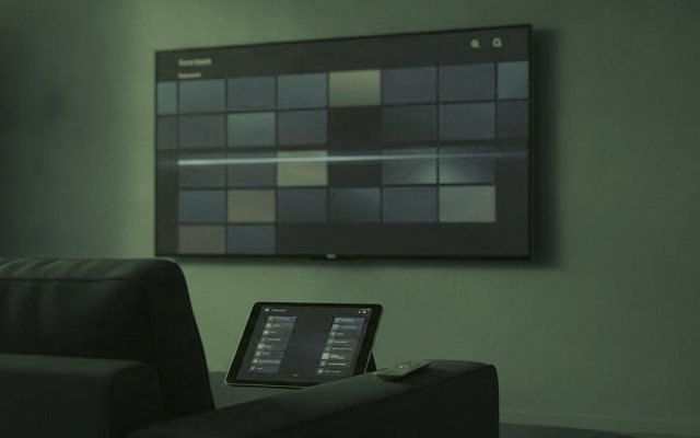 Téléviseur affichant une grille de programmes, avec une tablette et un téléphone montrant des listes de chaînes sur un canapé