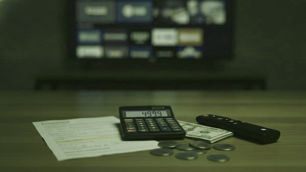 Calculatrice, billets, pièces, clé de streaming et télécommande sur une table devant un téléviseur