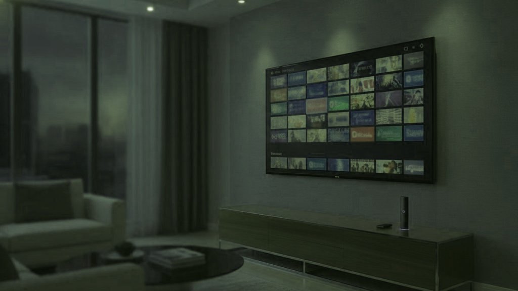 Téléviseur de salon affichant un guide des chaînes IPTV, avec une clé de streaming posée sur le meuble TV