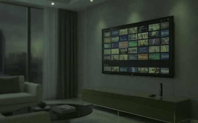 Téléviseur de salon affichant un guide des chaînes IPTV, avec une clé de streaming posée sur le meuble TV